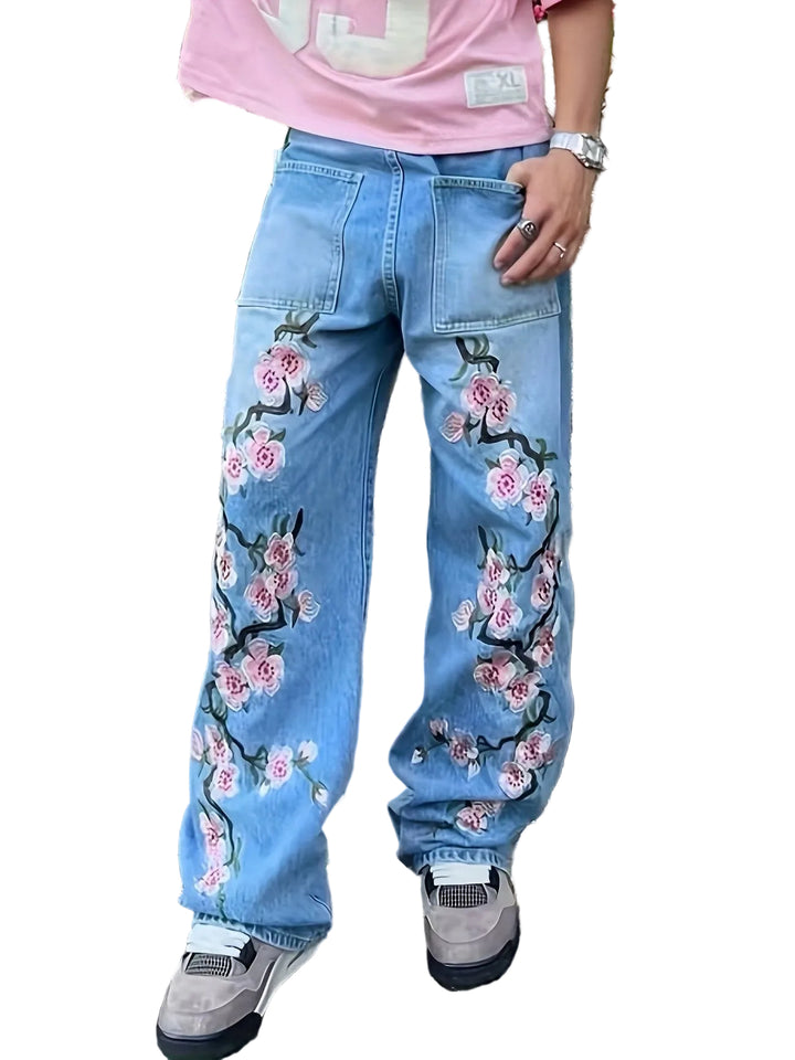 Men’s Wide-Leg Pants with Cherry Blossom Embroidery