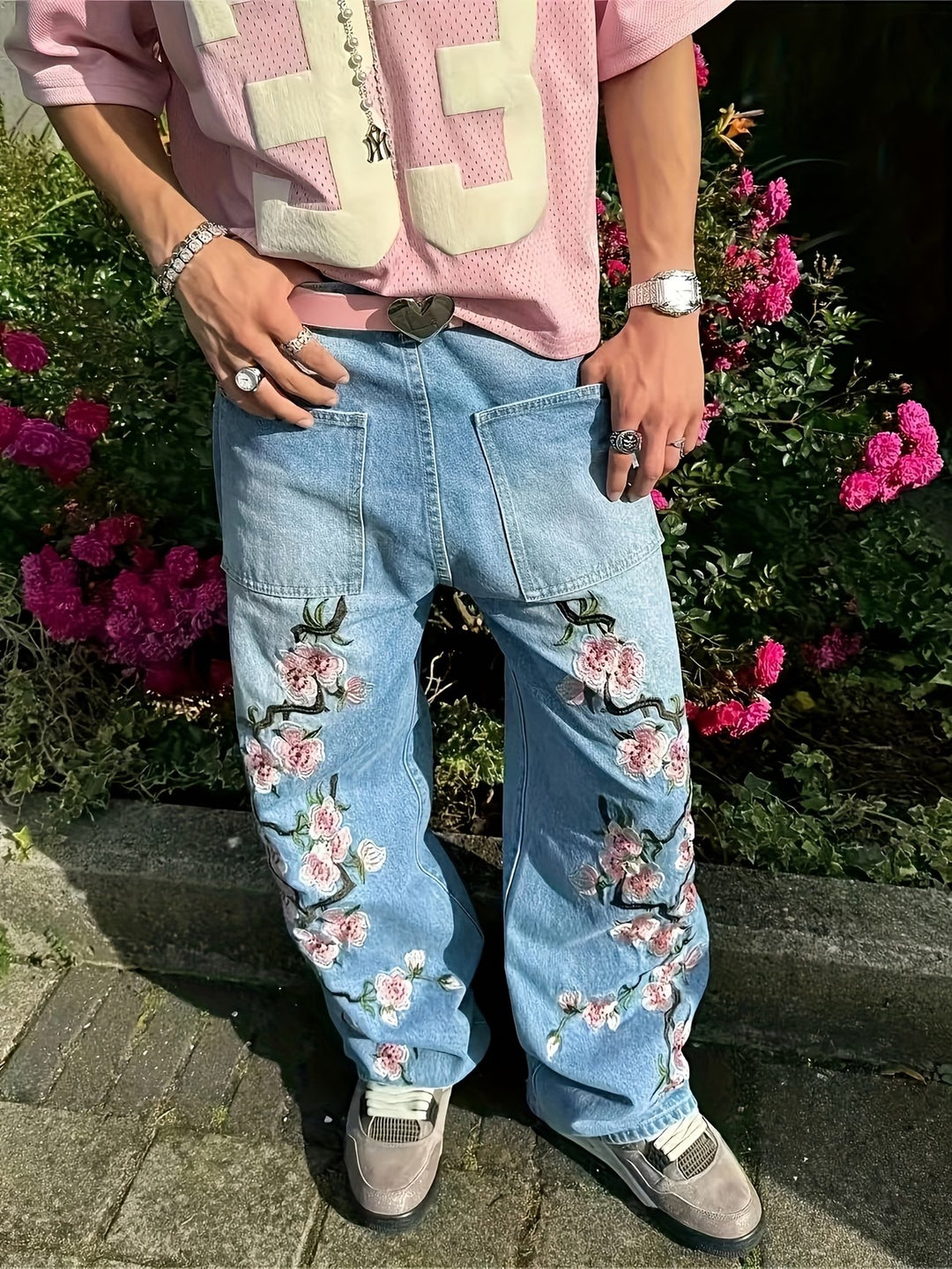 Men’s Wide-Leg Pants with Cherry Blossom Embroidery