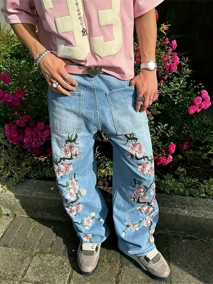 Men’s Wide-Leg Pants with Cherry Blossom Embroidery