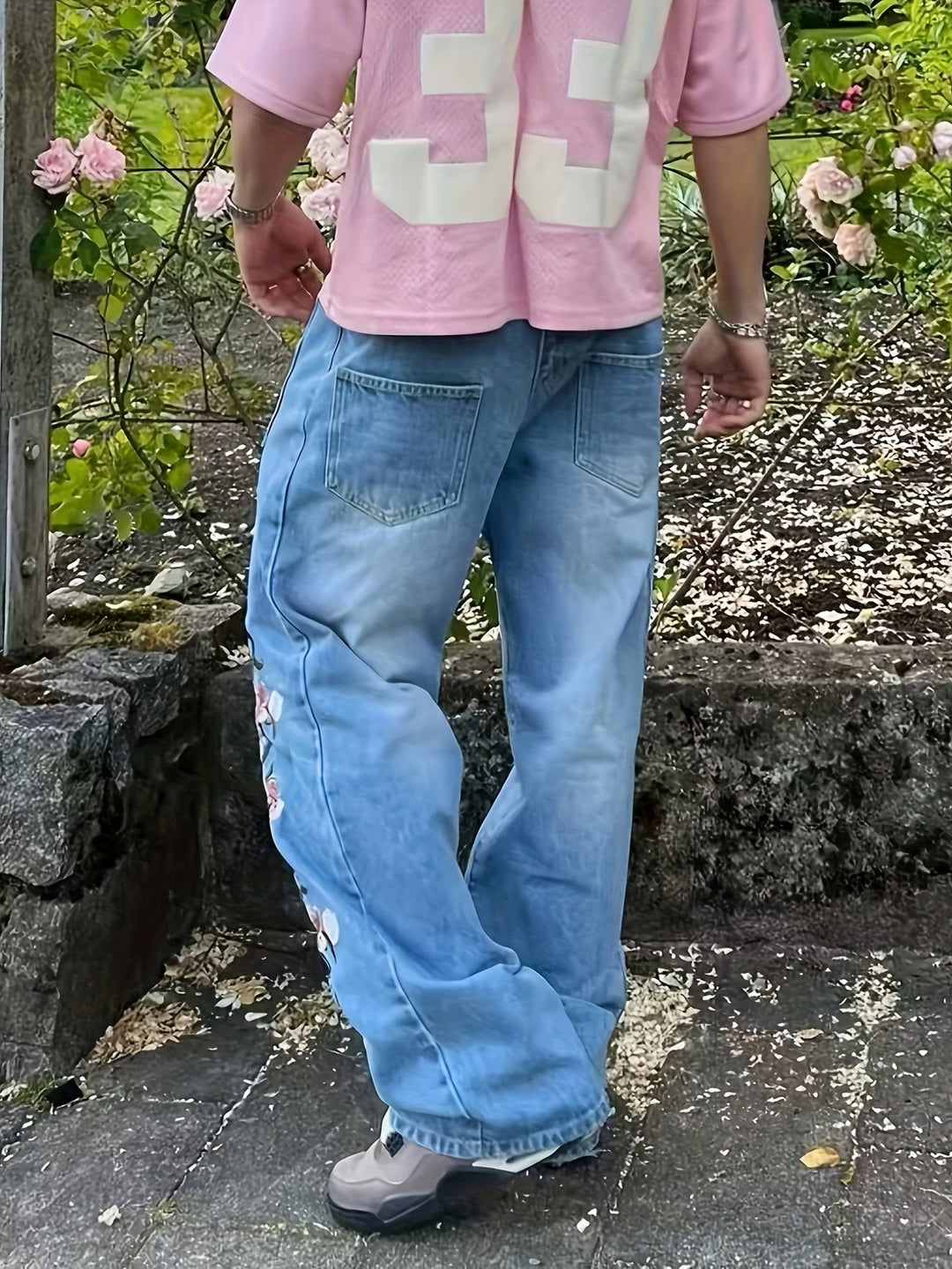 Men’s Wide-Leg Pants with Cherry Blossom Embroidery