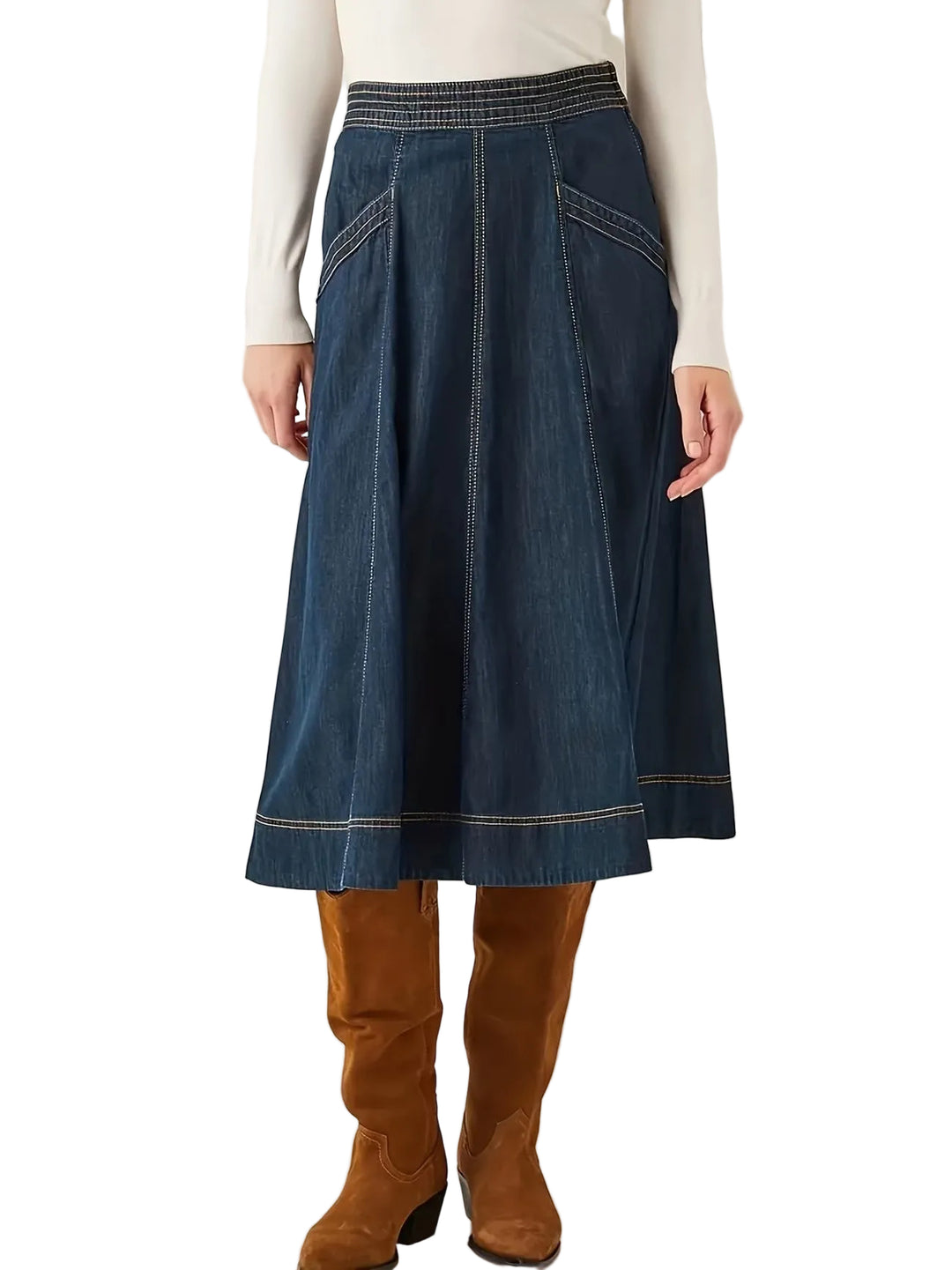 Women's Elastic Waist Midi Skirt with Contrast Stitching