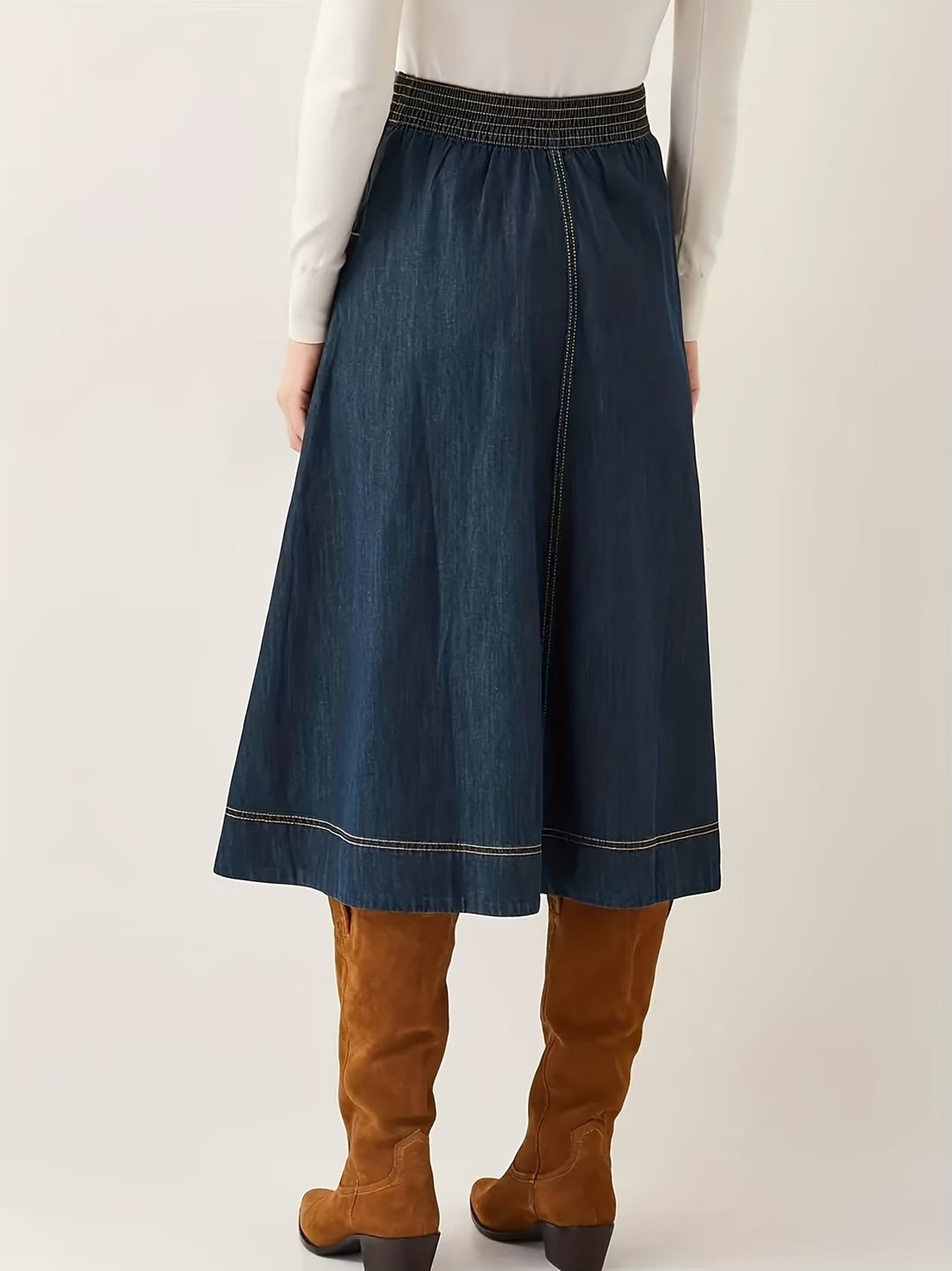 Women's Elastic Waist Midi Skirt with Contrast Stitching