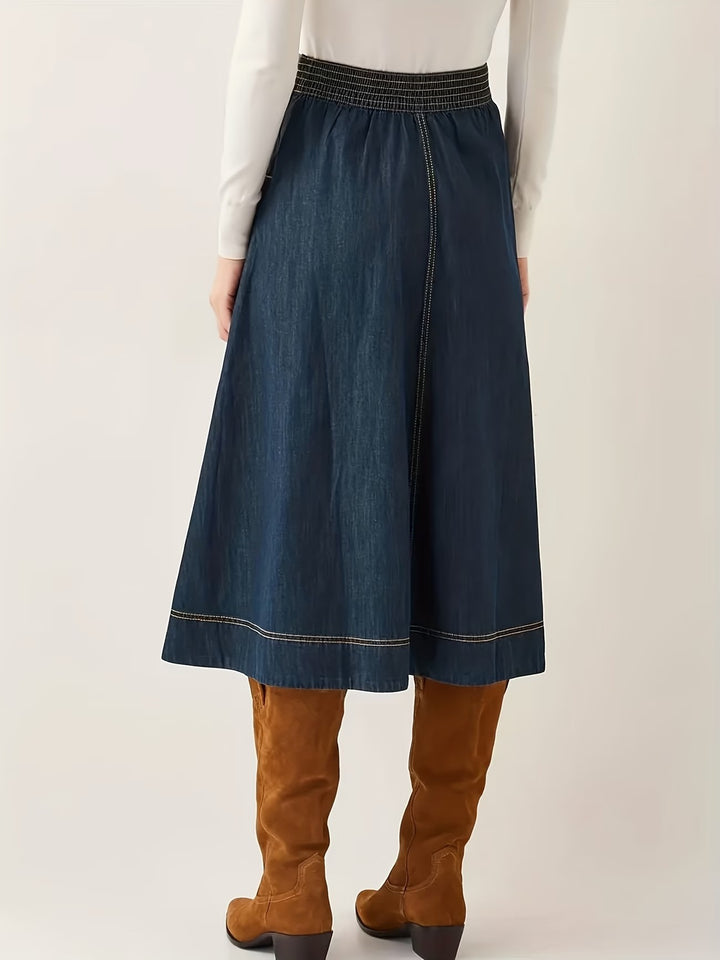 Women's Elastic Waist Midi Skirt with Contrast Stitching