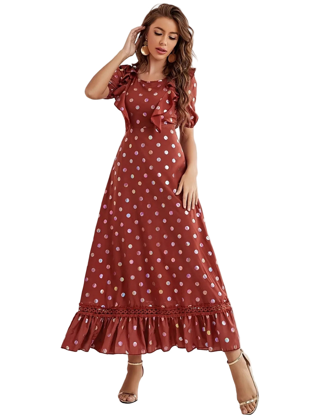 Women's Polka Dot Midi Dress with Ruffle Hem