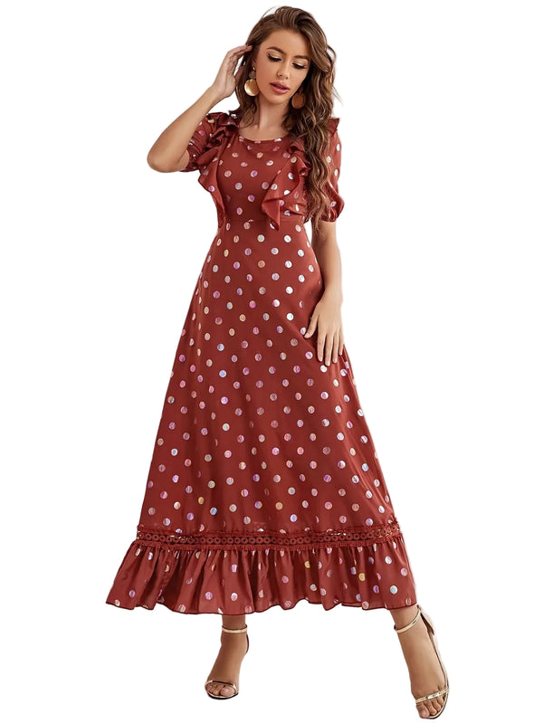 Women's Polka Dot Midi Dress with Ruffle Hem