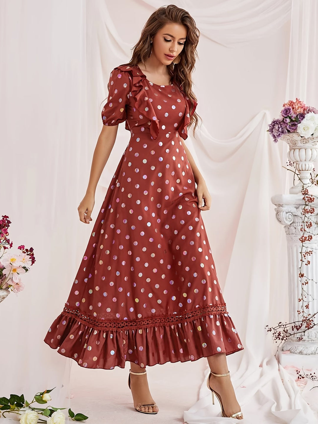 Women's Polka Dot Midi Dress with Ruffle Hem