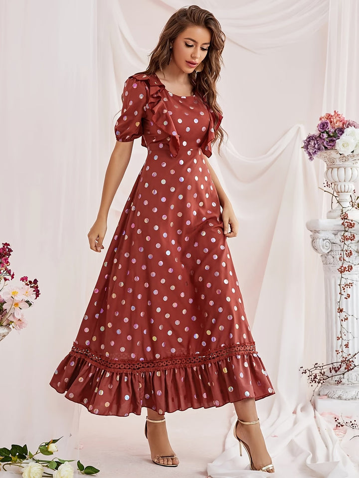 Women's Polka Dot Midi Dress with Ruffle Hem