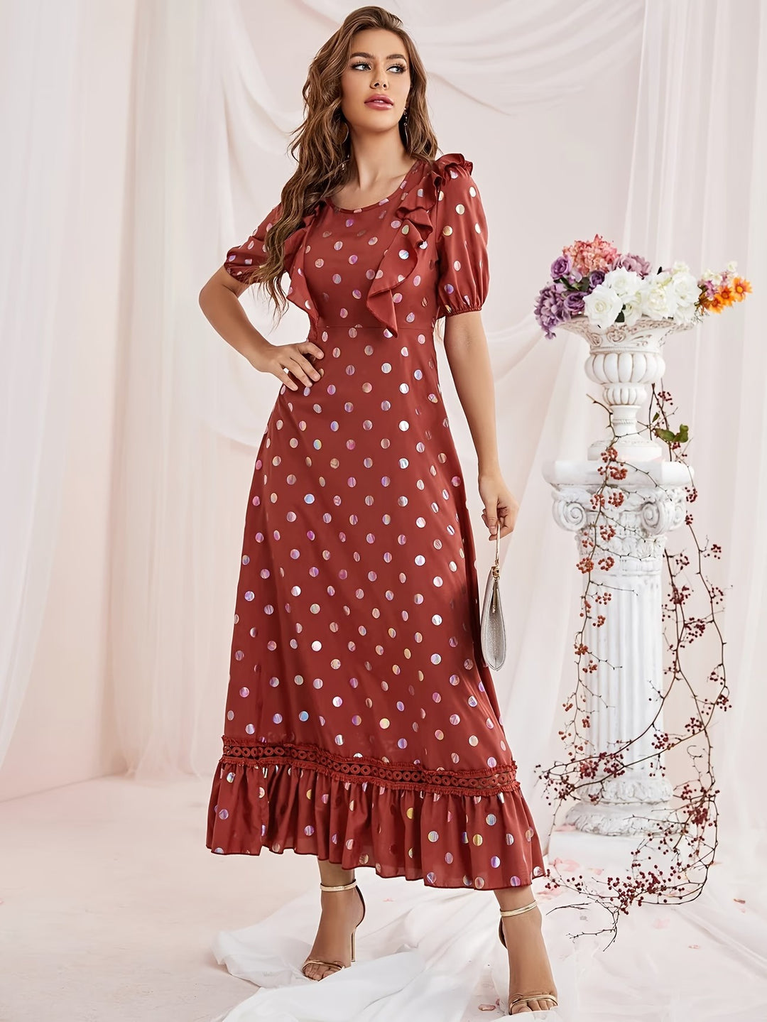 Women's Polka Dot Midi Dress with Ruffle Hem