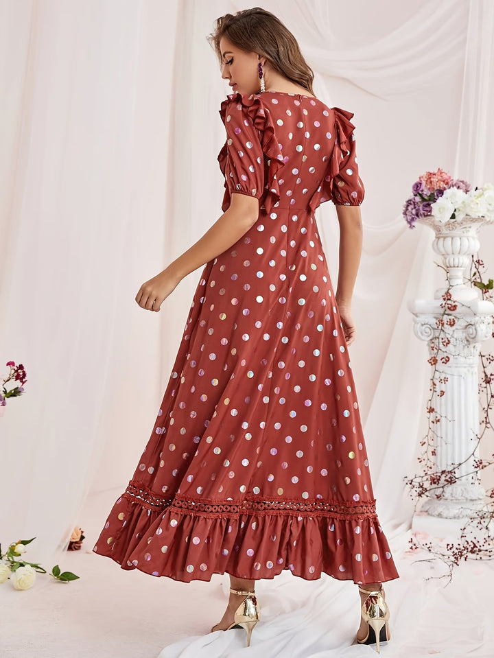 Women's Polka Dot Midi Dress with Ruffle Hem